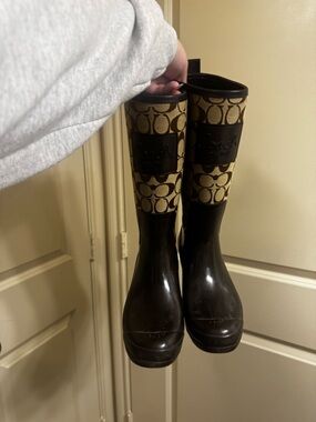 Coach Tan & Dark Brown Logo Rain Boots
